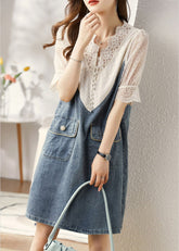 Vestido de mezclilla de dos piezas con cuello en V, encaje y patchwork en azul italiano